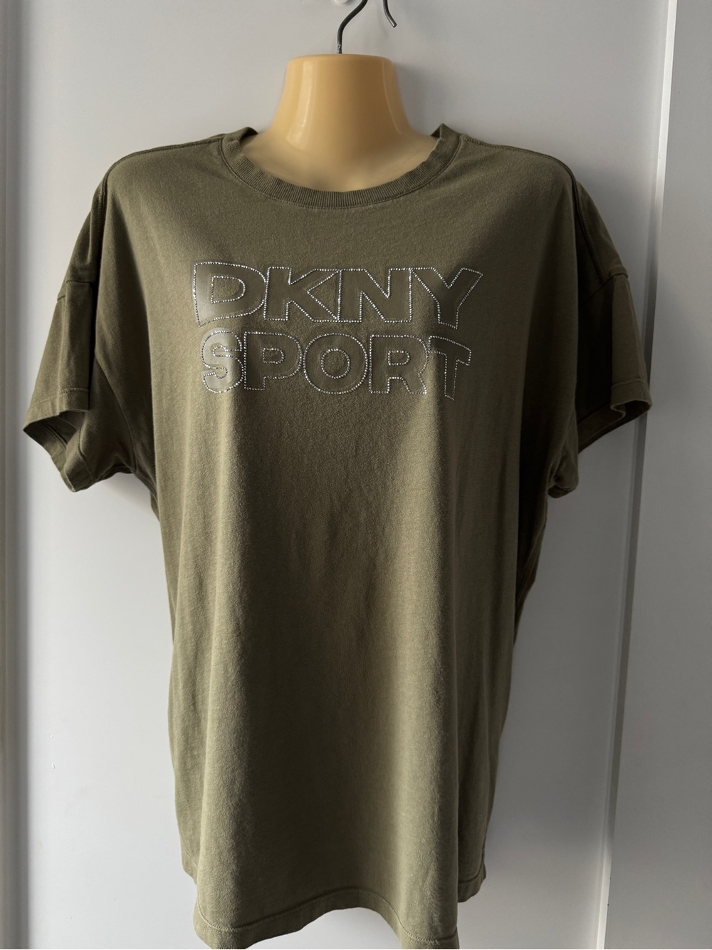 DKNY Olive Green Short Sleeve Sport Logo Tee with Silver Detail
